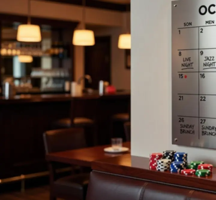 Pókerasztal eseménynaptárral és zsetonokkal a Urban Wheel Hire Lounge-ban