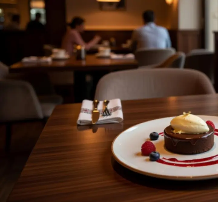 Gourmet desszert és barista kávé elegáns tálalásban