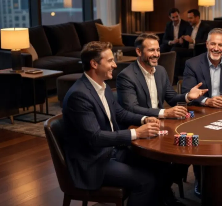 Vendégek a Lounge bárpultjánál és pókerasztalnál, elégedett hangulatban